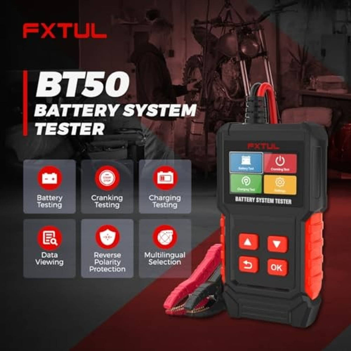 Battery system tester with feature icons for battery, cranking, charging, data viewing
