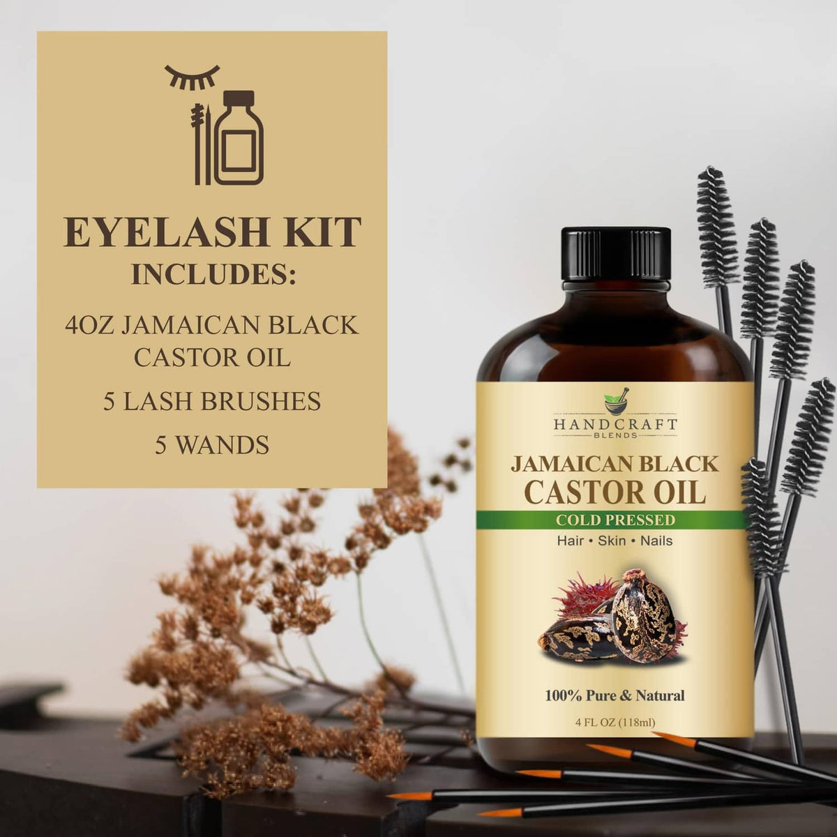 Cold-pressed Jamaican black castor oil bottle with eyelash kit card and lash brush set