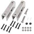 Pair of silver trailer equalizer hangers with bolts and black bushings kit components