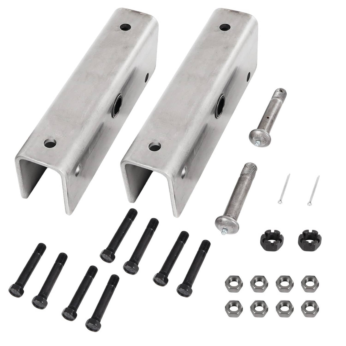 Pair of silver trailer equalizer hangers with bolts and black bushings kit components