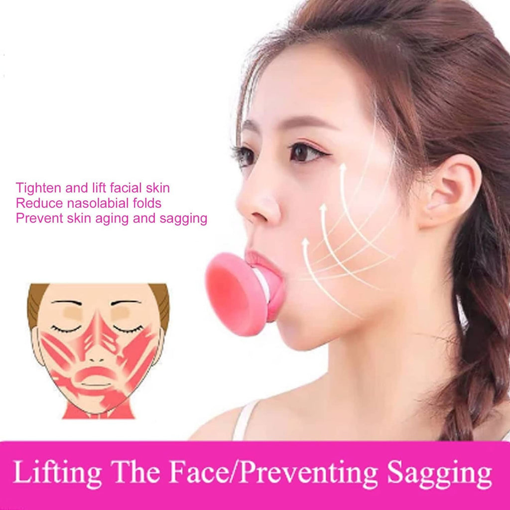 Pink jaw exerciser with wide curved pad and circular mouth contact piece