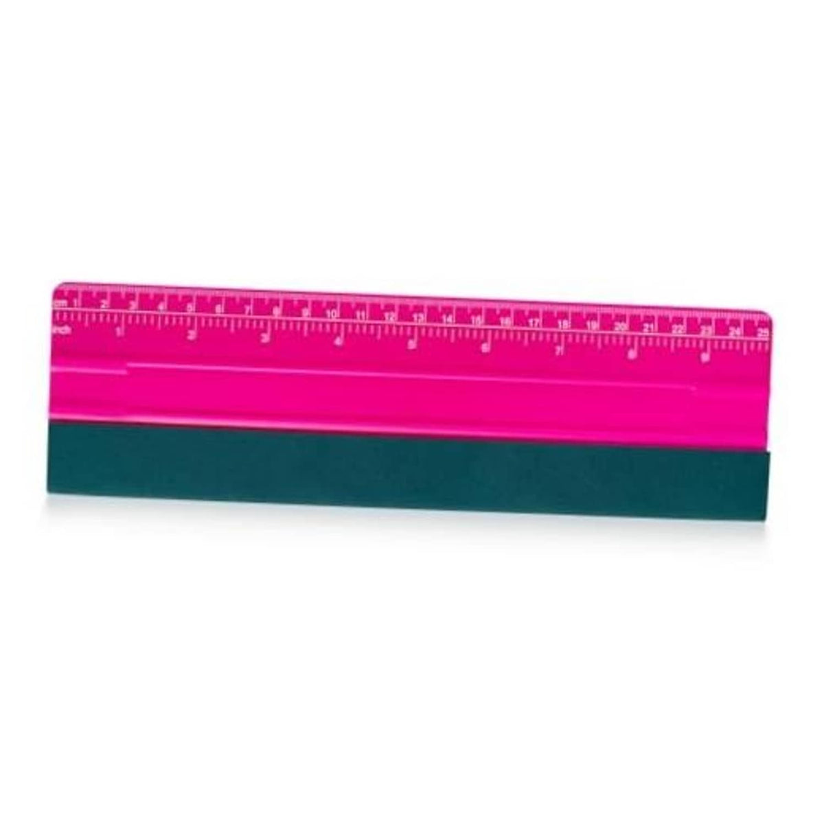 Pink 10-inch squeegee with built-in ruler and teal felt edge for vinyl and decals
