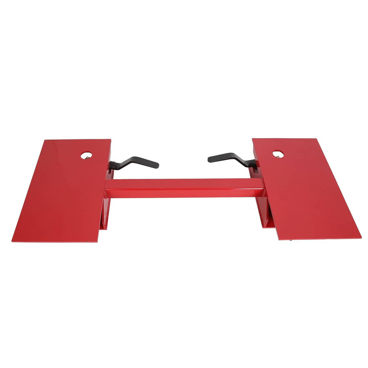 Red skid steer quick-attach adapter plate with black latch levers and open brackets