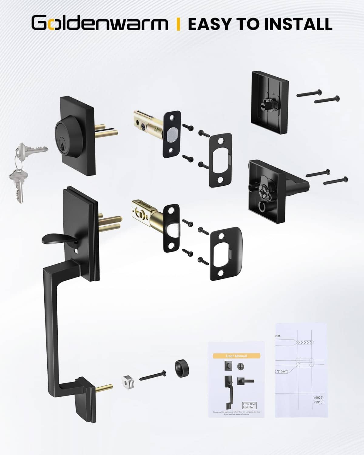 Black door lock set installation components showing handles and mounting plates