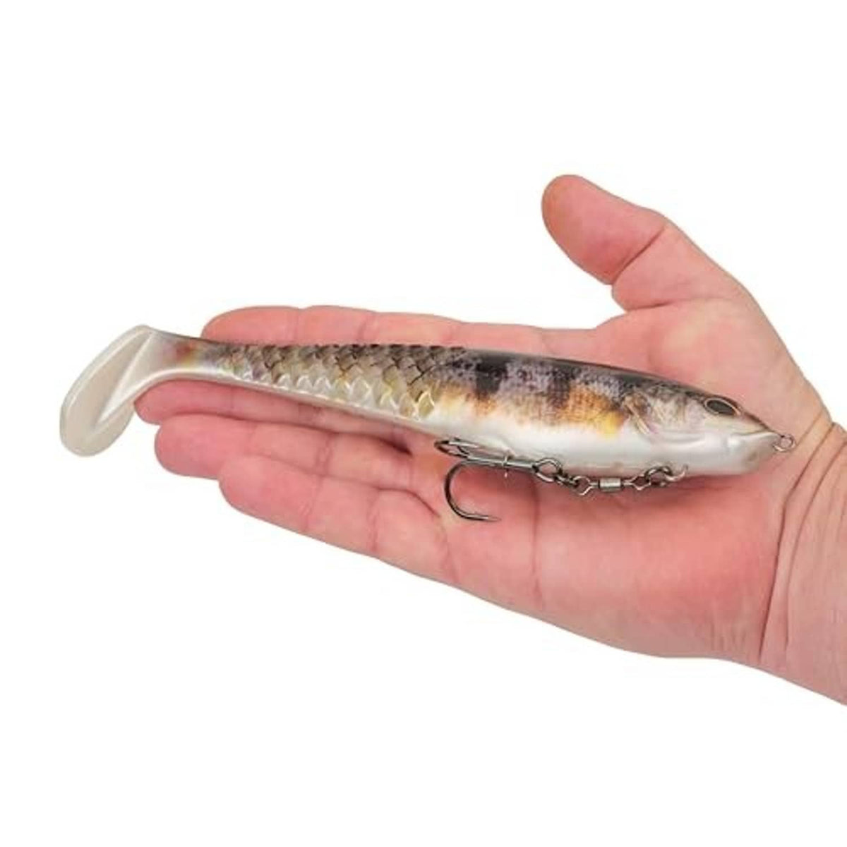 Swimbait lure in a hand, silver treble hooks and perch-pattern body