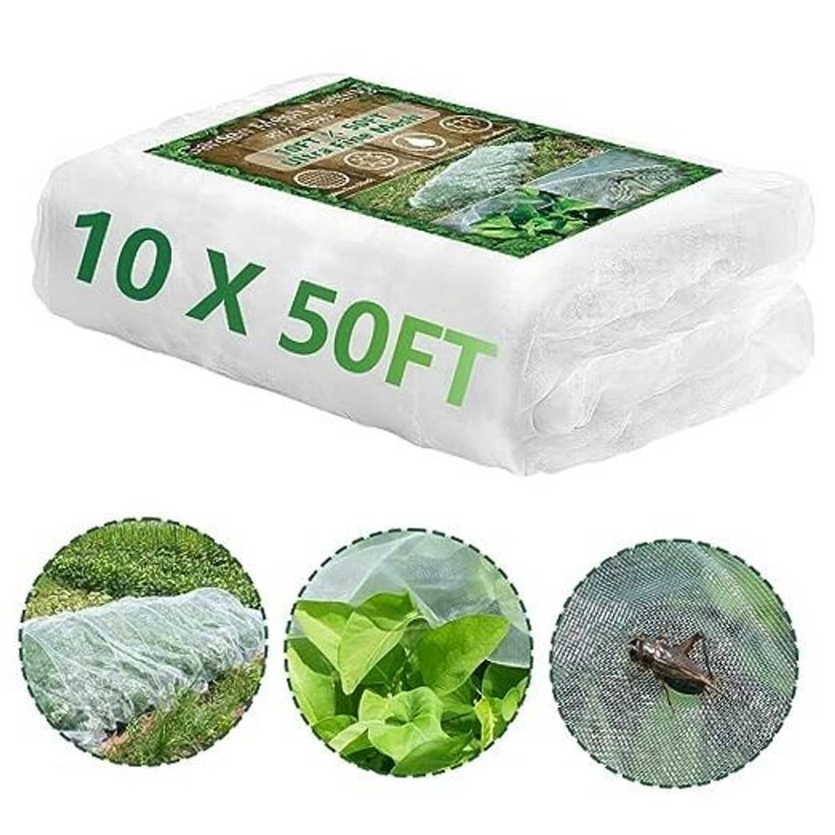 Folded ultra-fine white garden mesh netting pest barrier, 10 x 50 ft