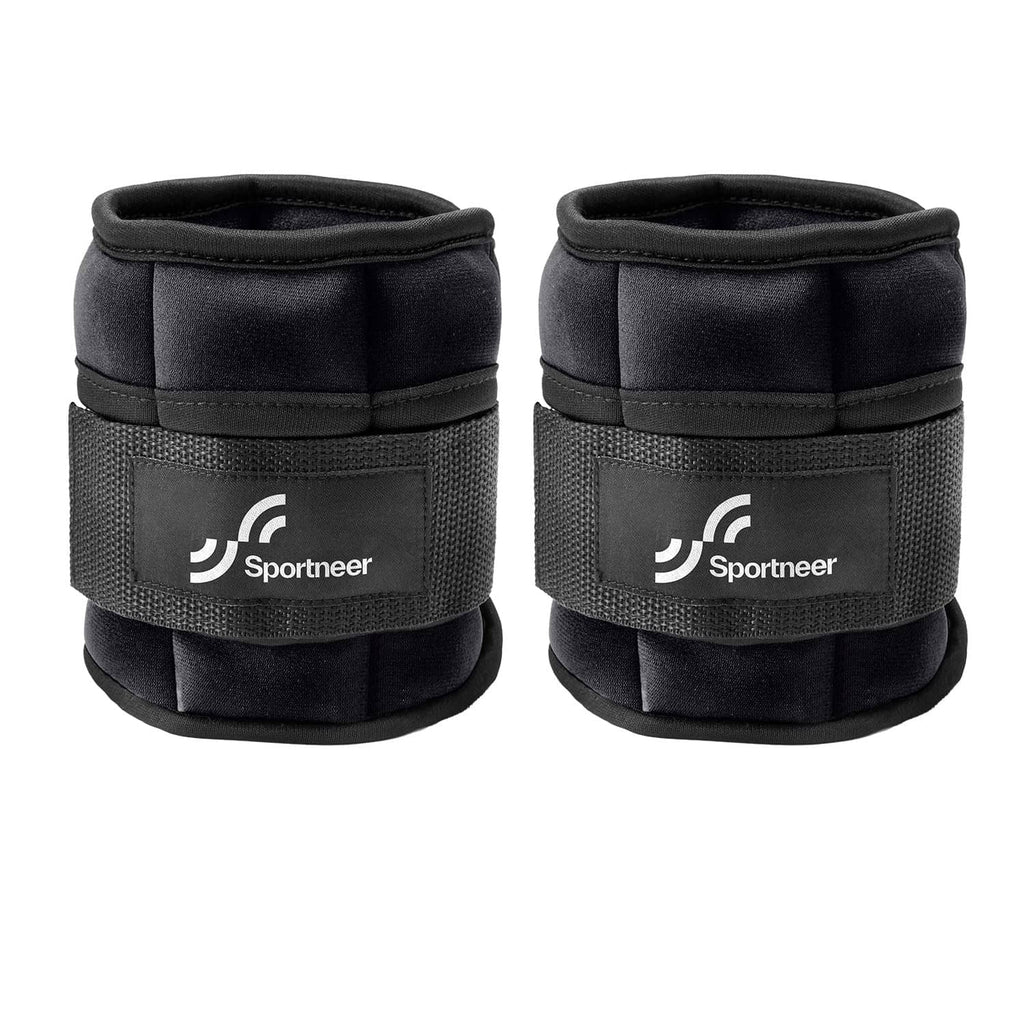 Pair of black adjustable weighted ankle weights with Sportneer logo