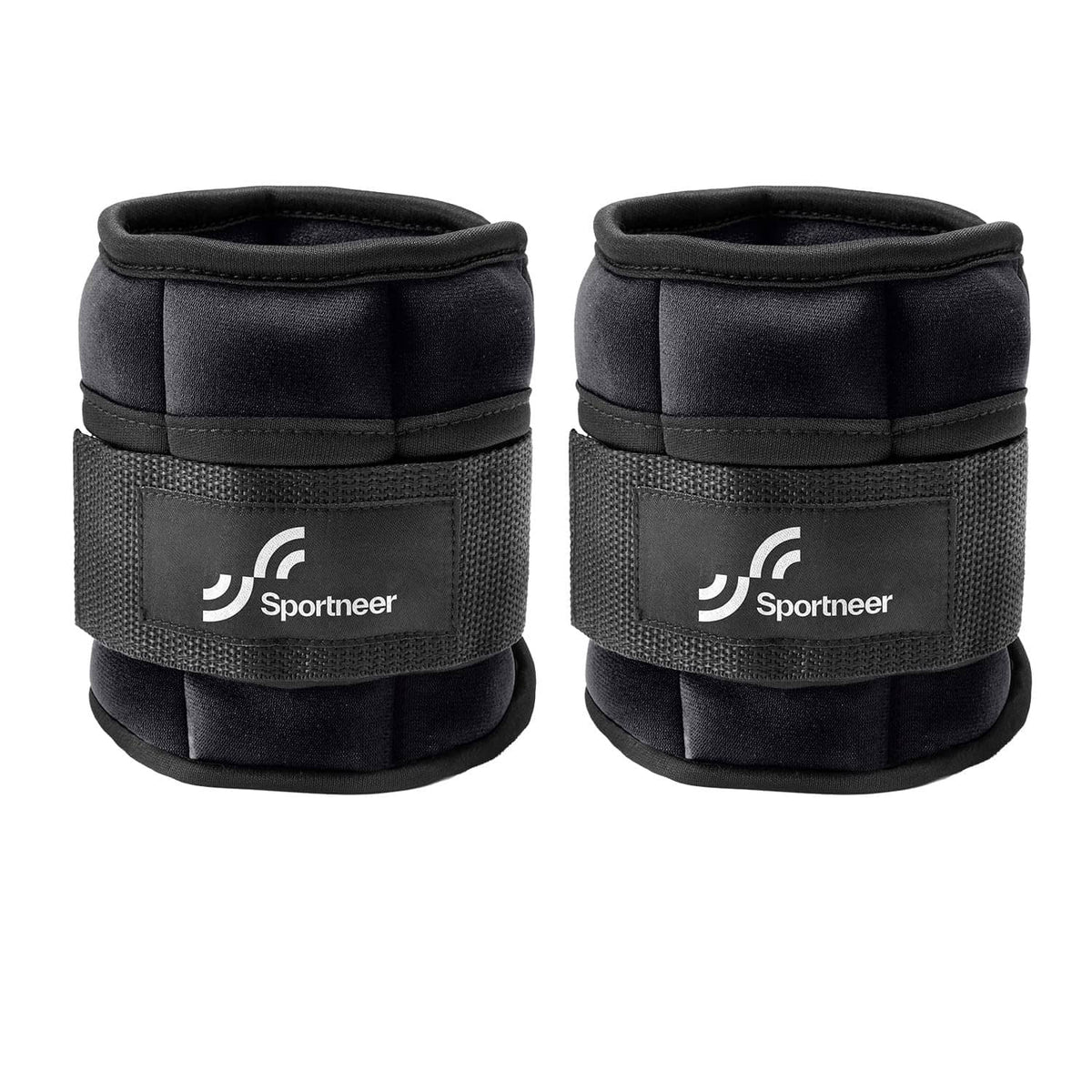 Pair of black adjustable weighted ankle weights with Sportneer logo