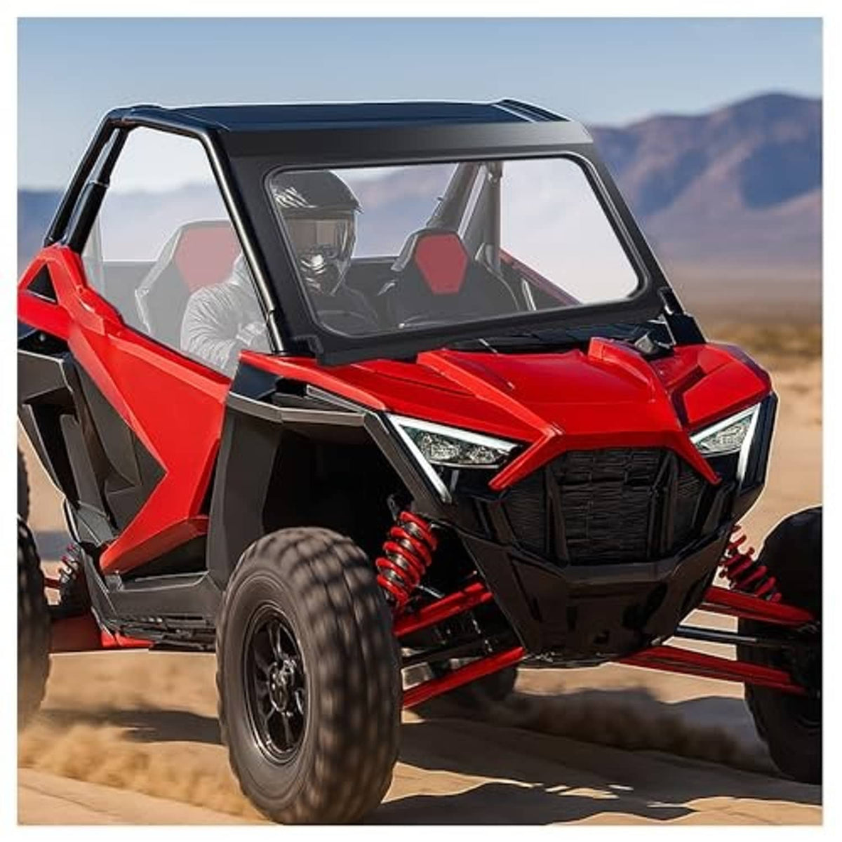 Clear front full glass windshield on red off-road UTV with black mounting frame