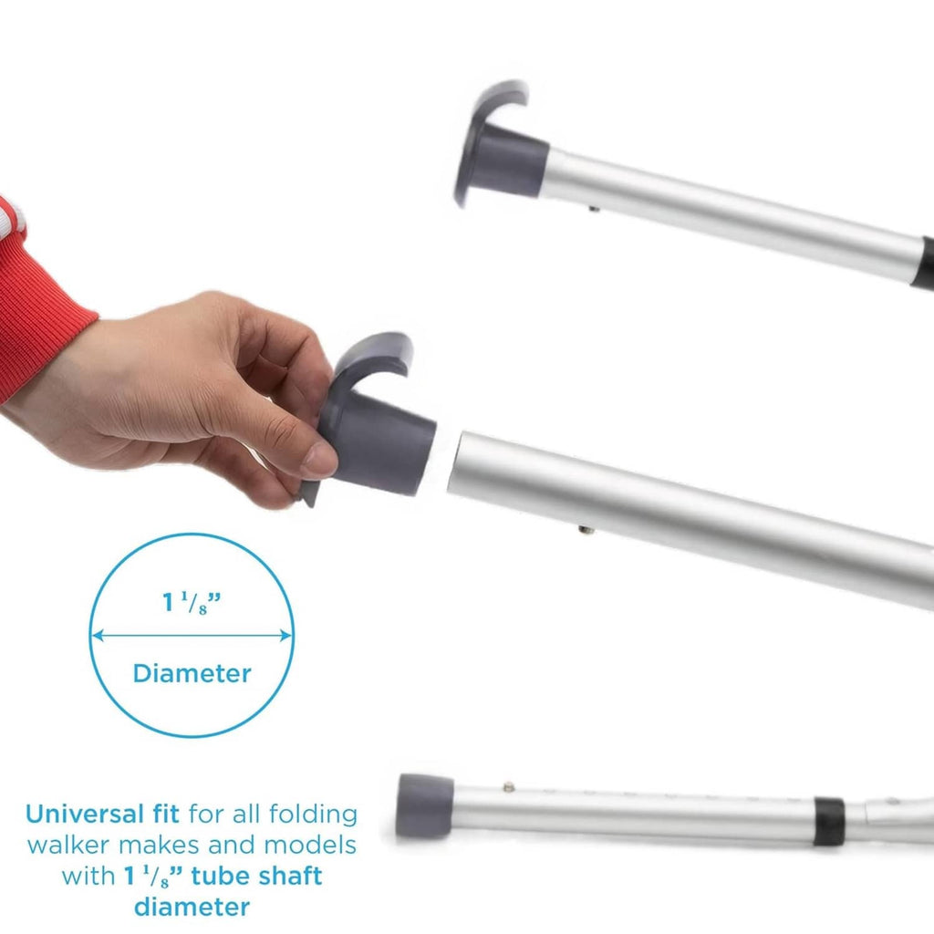 Grey ski glide caps for folding walker, held by hand, pair