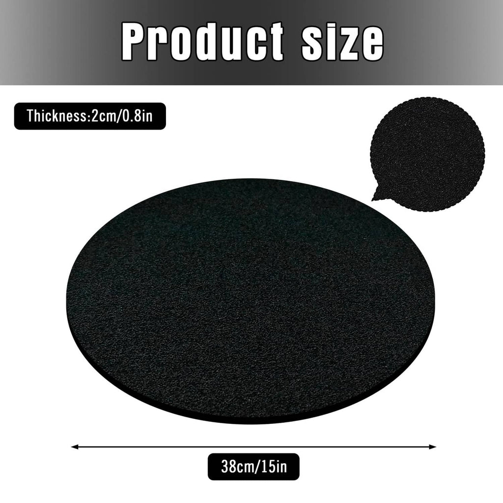 Black round oil drain splash pad with textured surface, 15 in size.