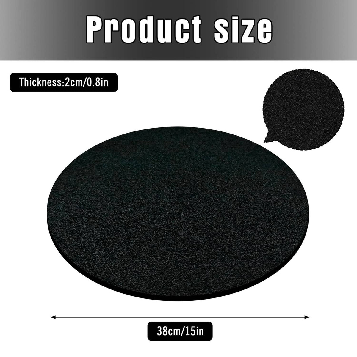 Black round oil drain splash pad with textured surface, 15 in size.