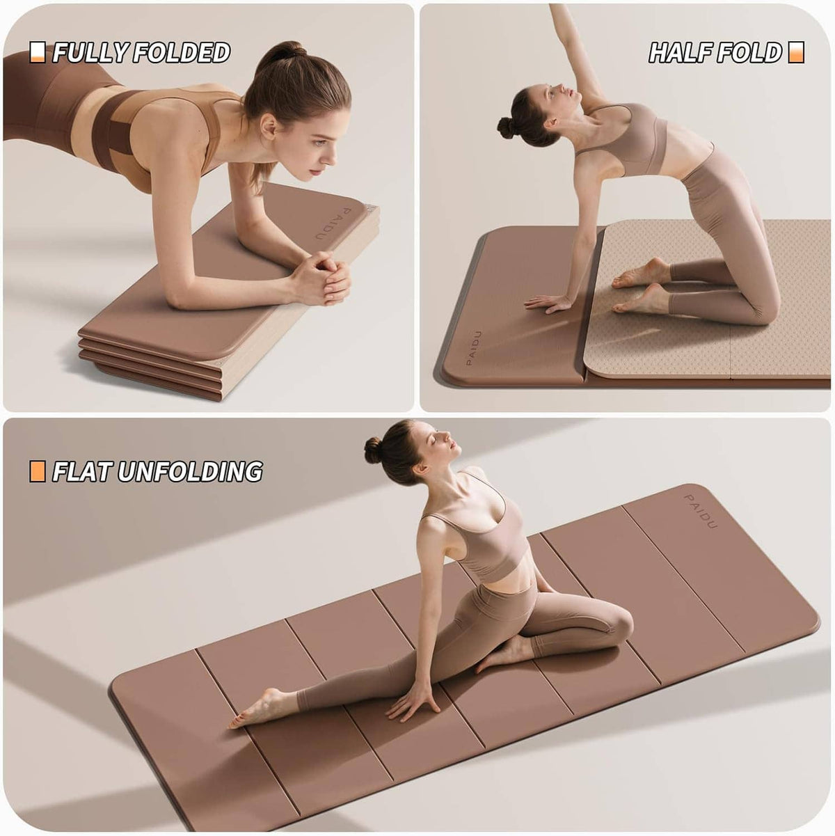 Foldable yoga mat shown in fully folded, half-folded, and flat-unfolded positions