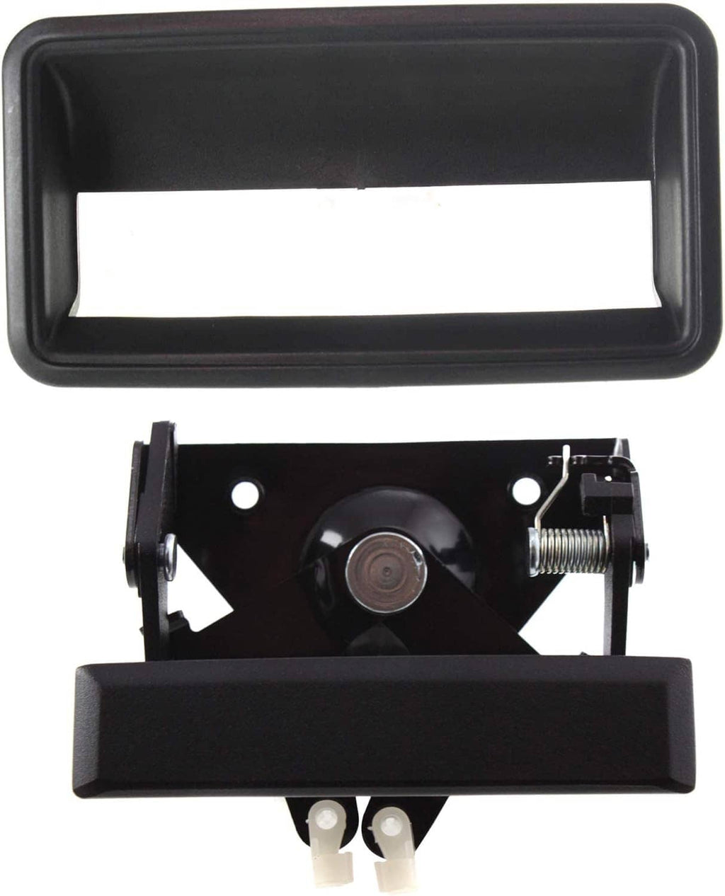 Black tailgate handle bezel and latch mechanism with coil spring