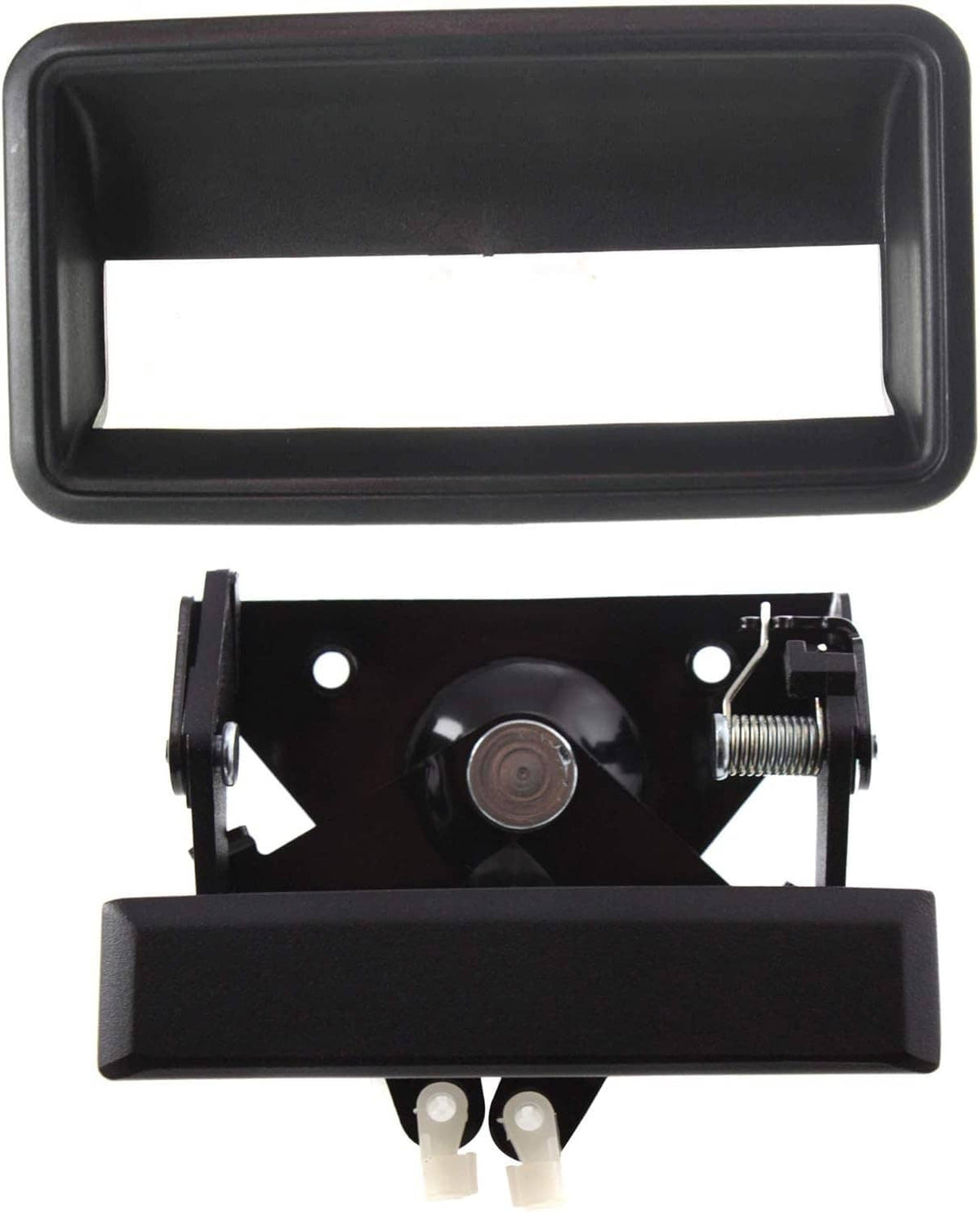 Black tailgate handle bezel and latch mechanism with coil spring