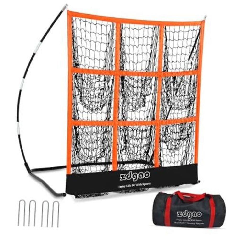 Orange 9-hole pitching net with black base, side support bar and storage bag included