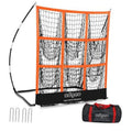 Orange 9-hole pitching net with black base, side support bar and storage bag included