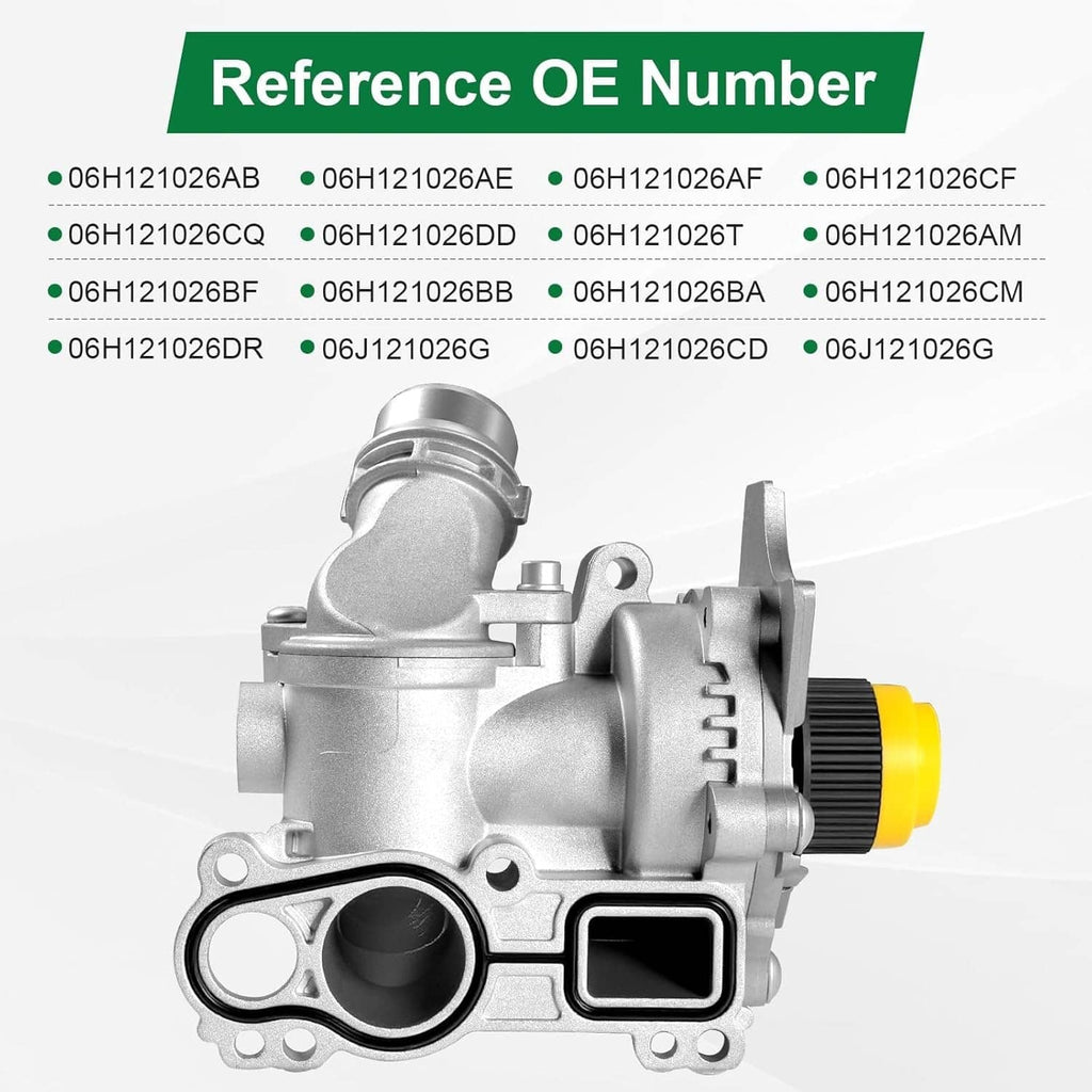 Water pump with thermostat, silver housing with yellow pulley wheel, front view