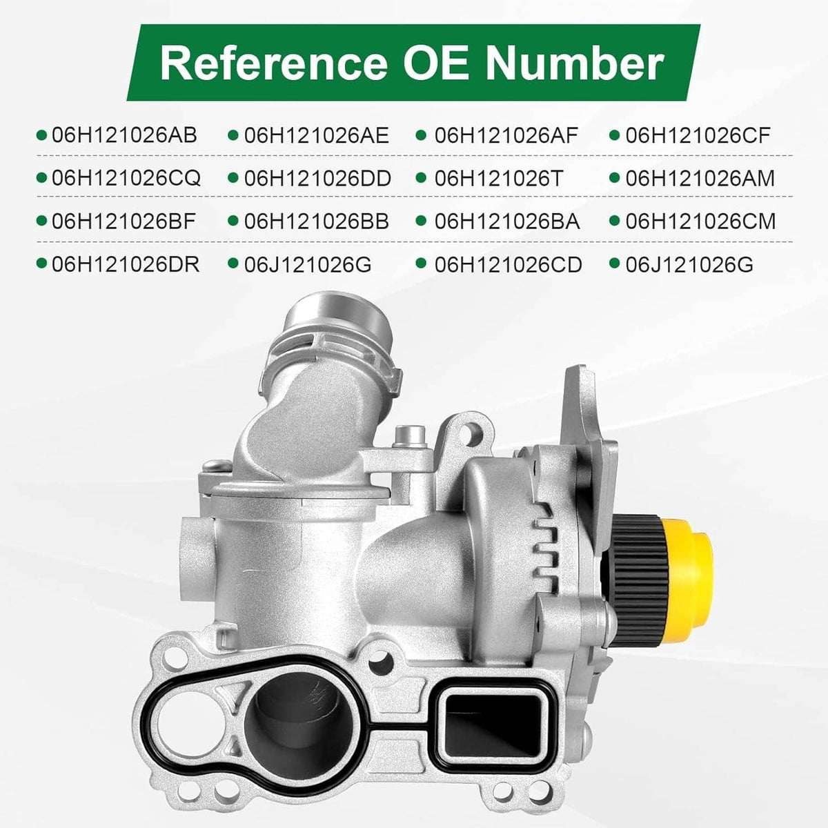 Water pump with thermostat, silver housing with yellow pulley wheel, front view