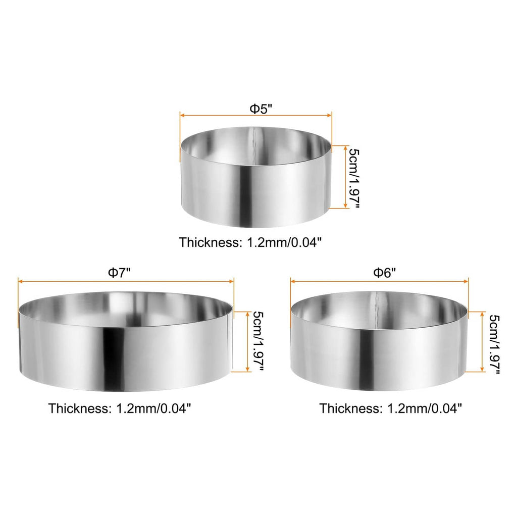 Stainless steel round cake rings for 5, 6, and 7 in cakes, seamless and polished