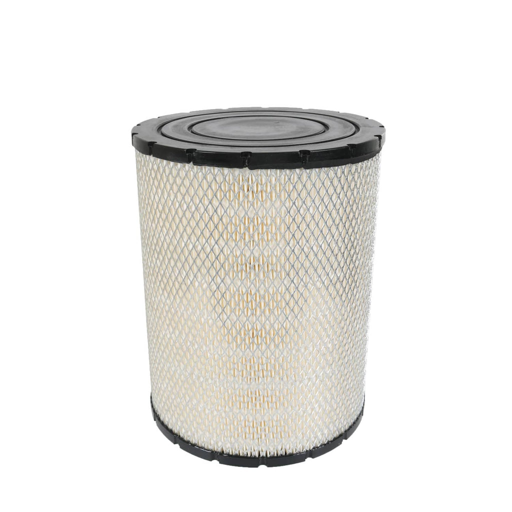 Cylindrical air filter with white pleated element and black mounting ring