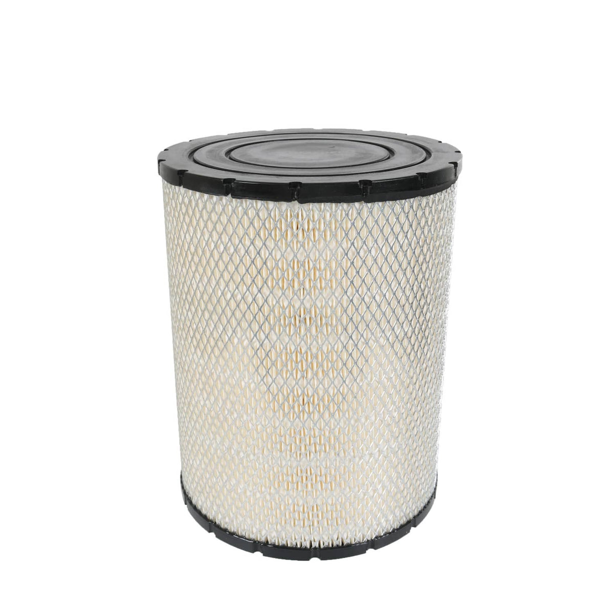 Cylindrical air filter with white pleated element and black mounting ring