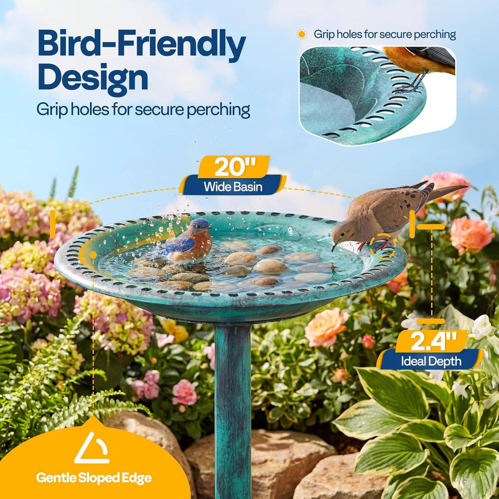 Outdoor turquoise bird bath with pedestal and wide basin, birds perched at the edge
