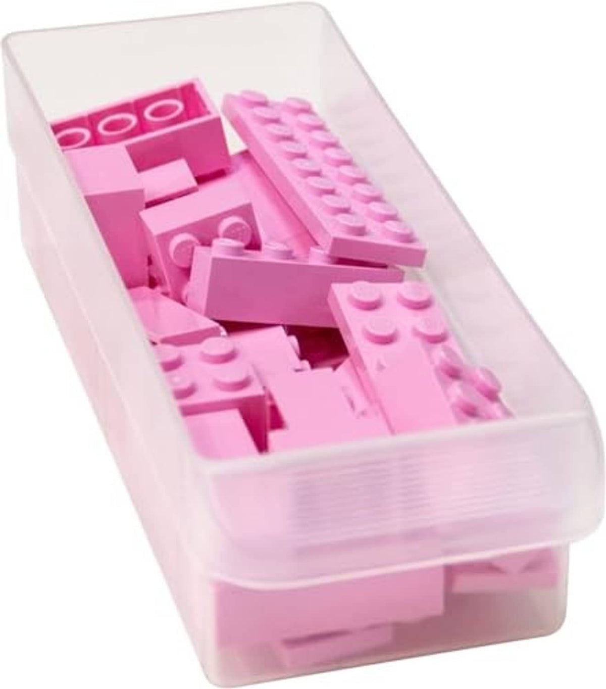 Clear plastic storage bin with pink interlocking building blocks