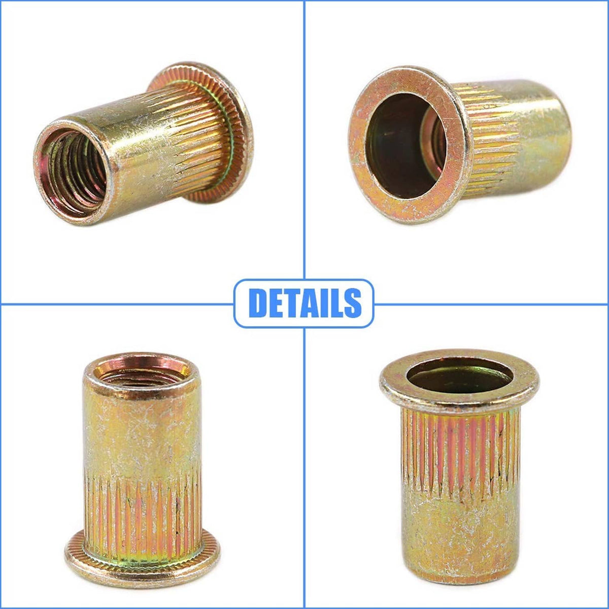 Zinc-plated flat-head rivet nut close-up showing internal thread and rim