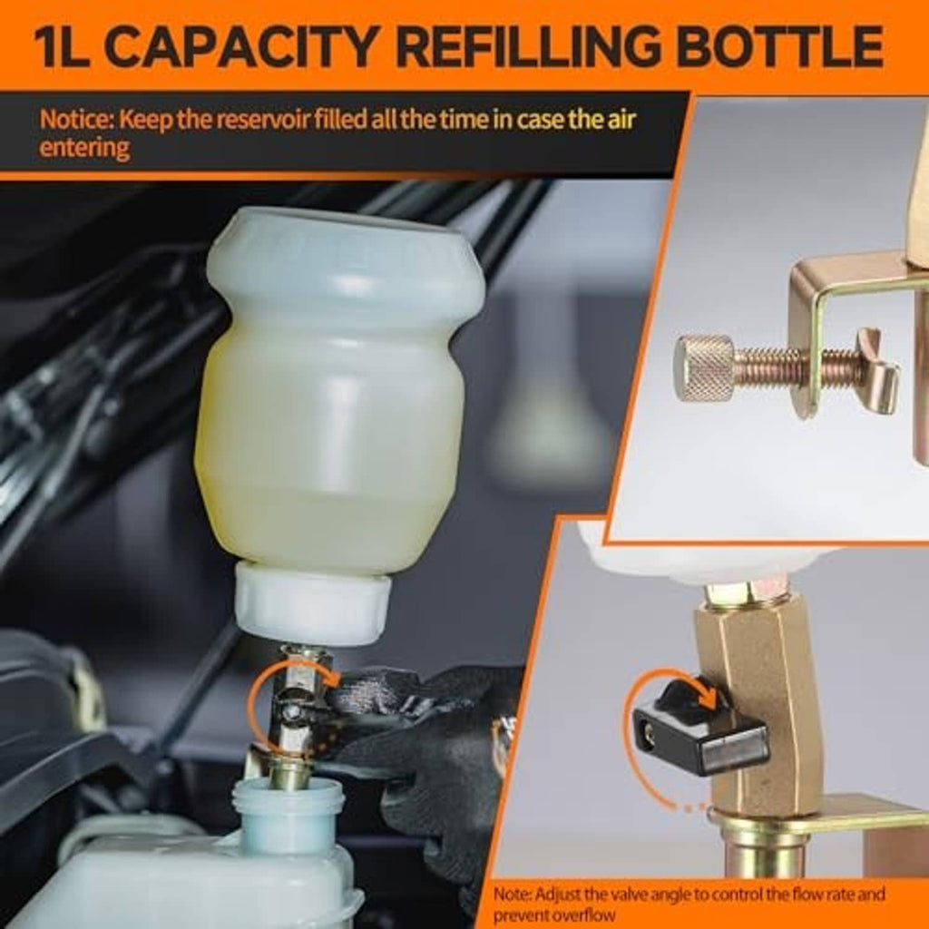 Brake fluid extractor refill bottle with white container and metal valve connector