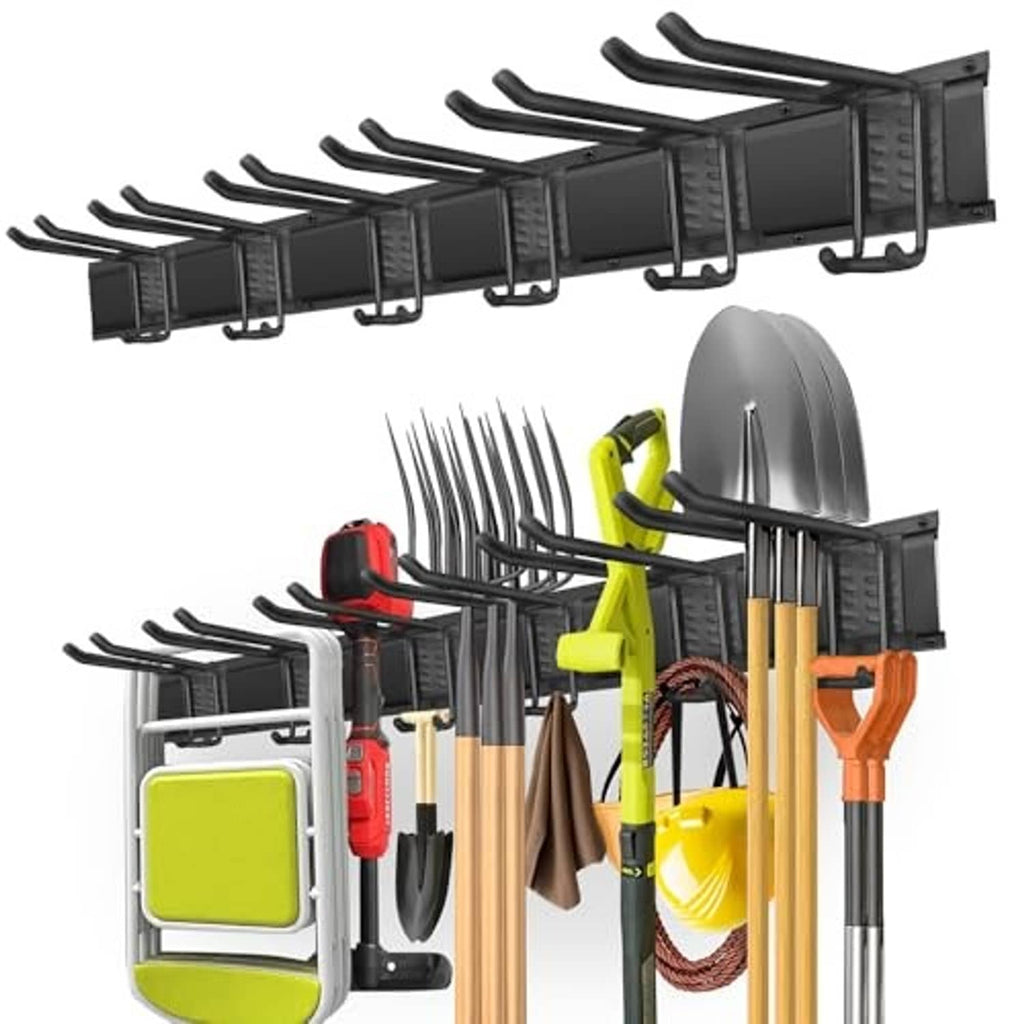 Black double-layer wall mount tool rack with adjustable hooks for shovels and yard tools