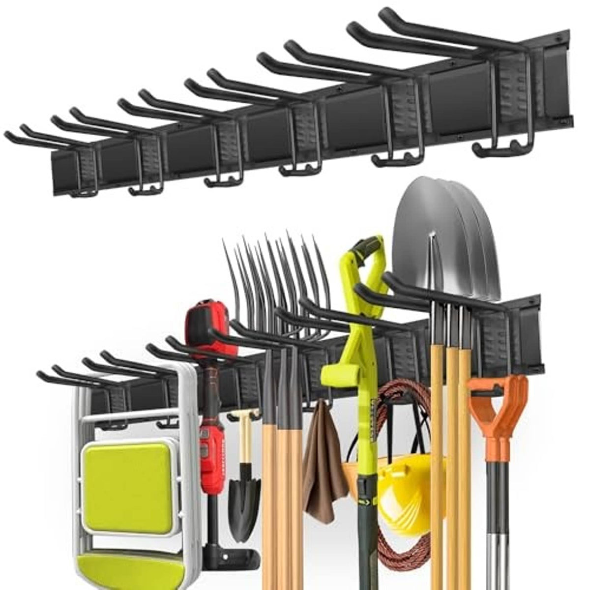 Black double-layer wall mount tool rack with adjustable hooks for shovels and yard tools