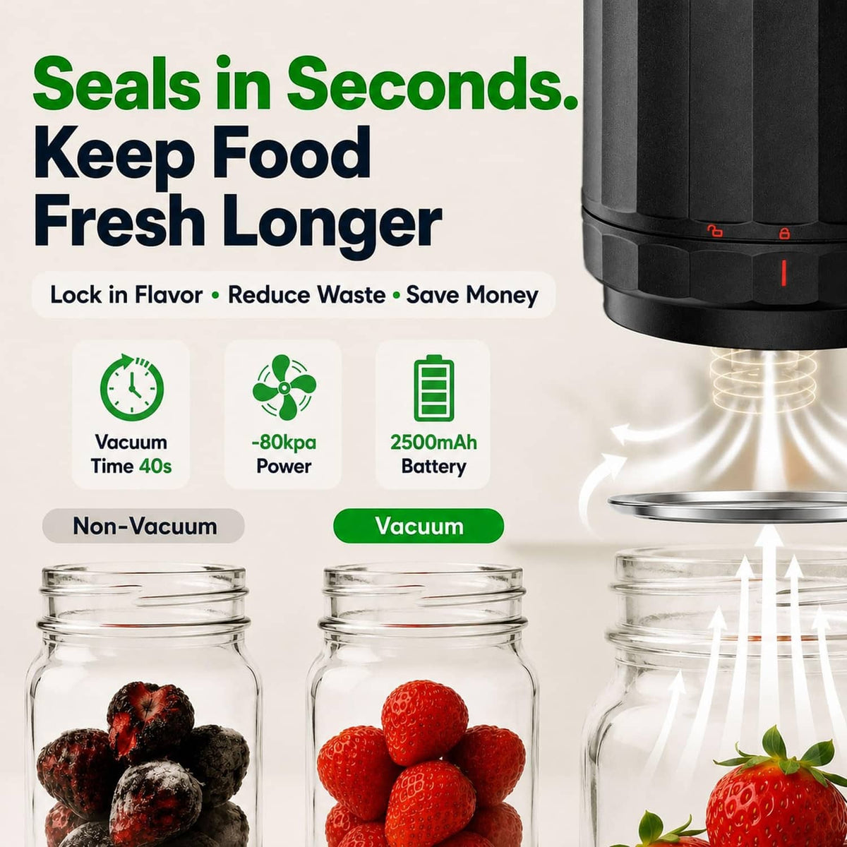 Black electric vacuum sealer with Mason jars for vacuum food storage