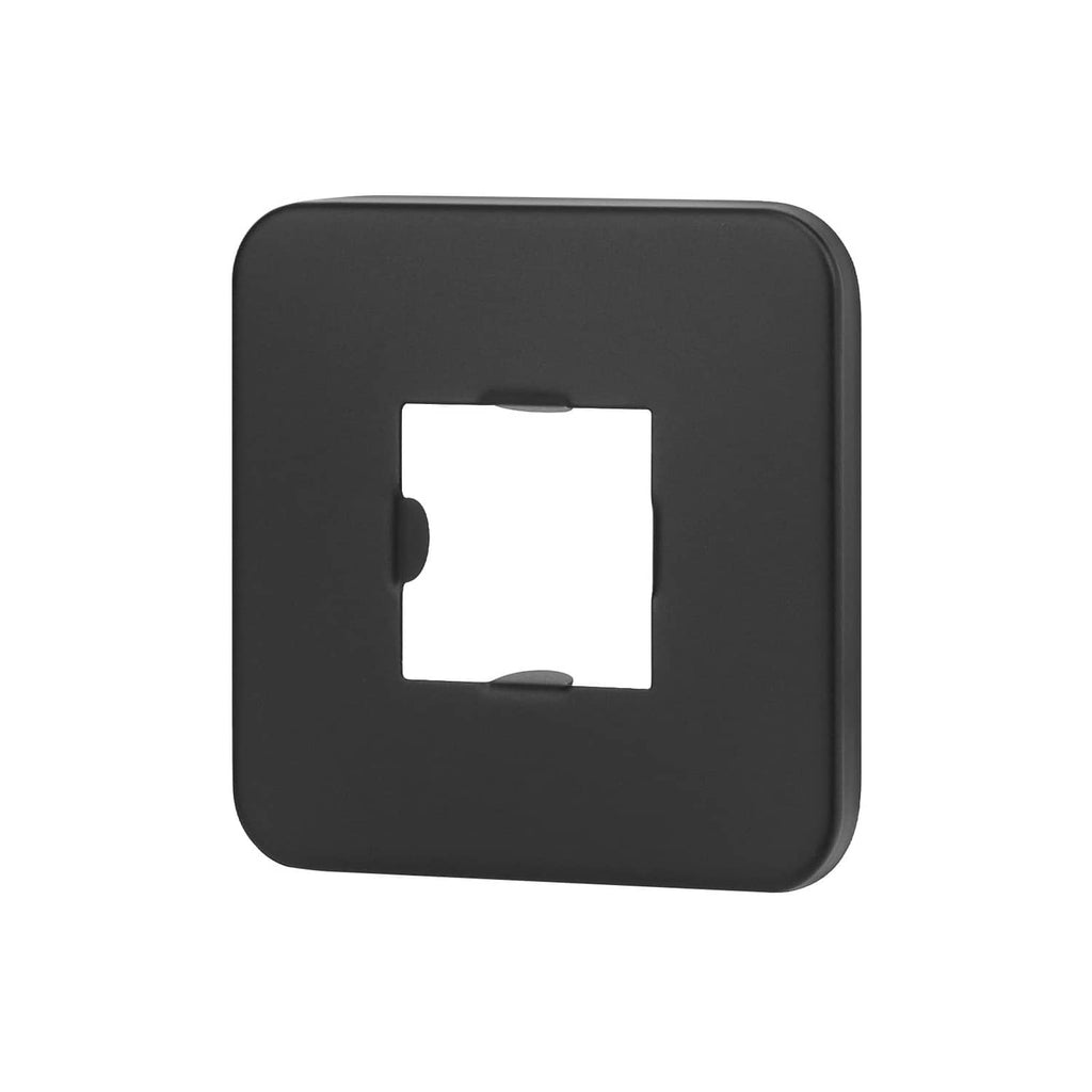 Matte black square shower arm flange cover with center cutout for shower arm