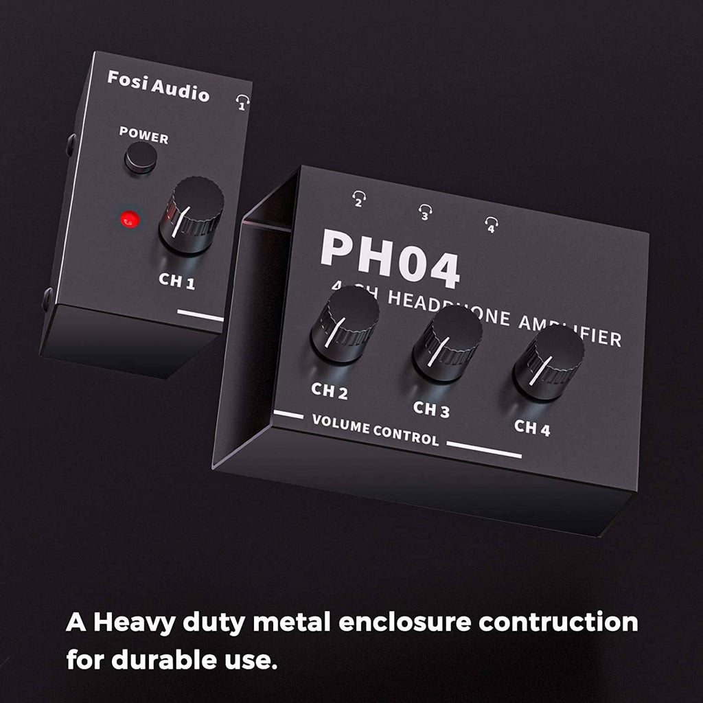 4-channel headphone amplifier shown at two angles with power switch and CH volume knobs