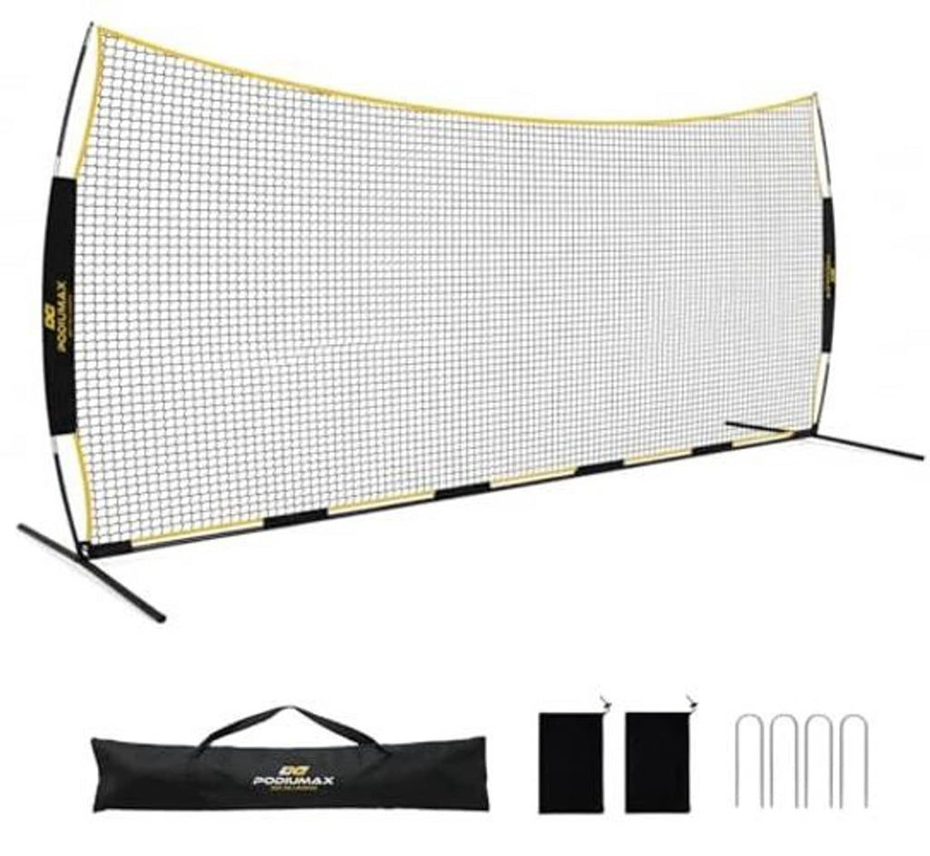 Backstop net with yellow edge binding, black corner panels, carrying bag and stakes