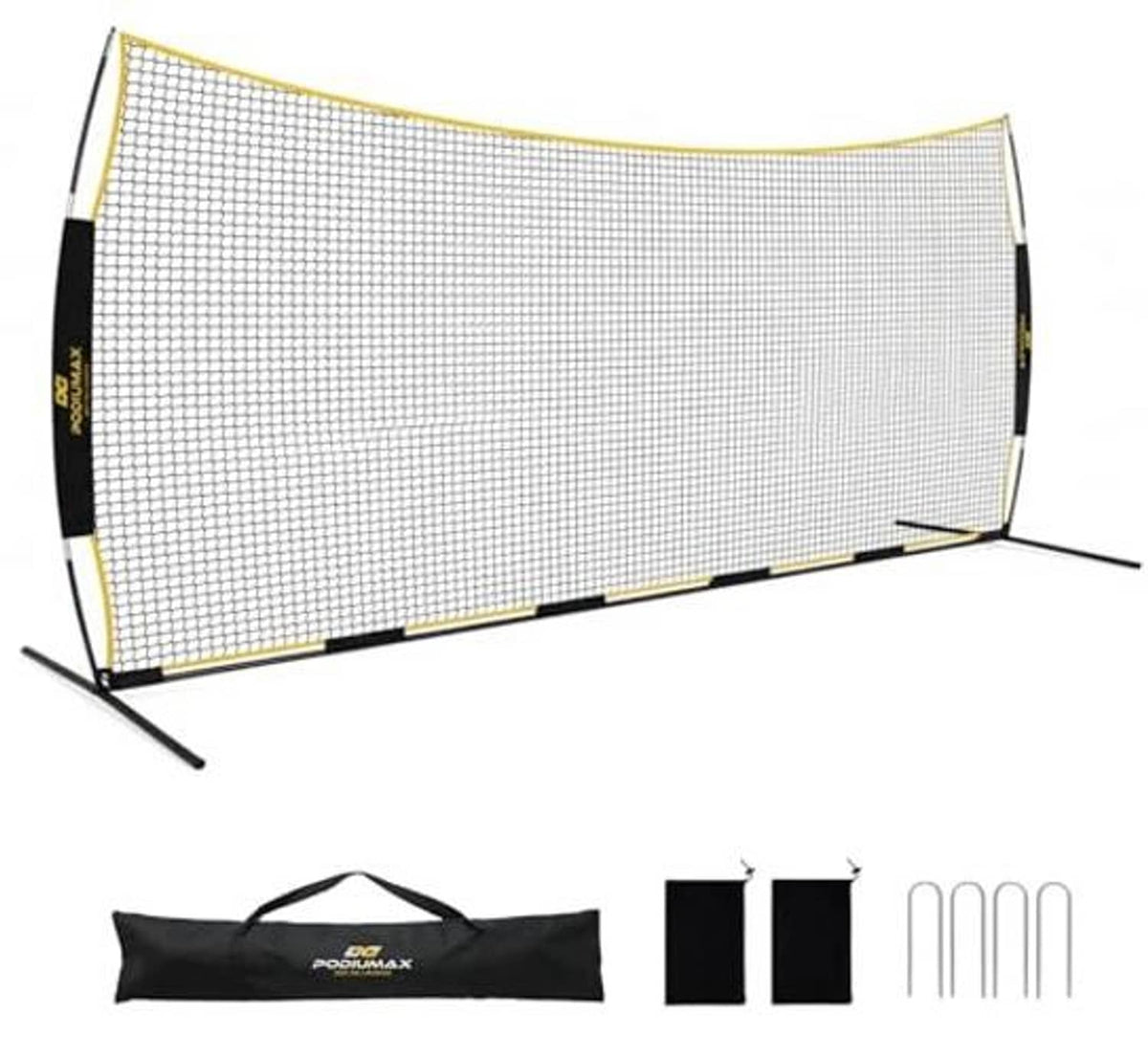 Backstop net with yellow edge binding, black corner panels, carrying bag and stakes