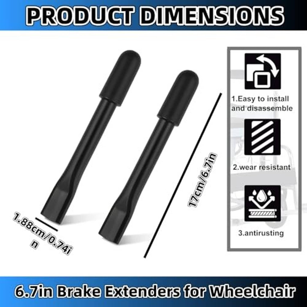 Black wheelchair brake extender pair with rounded caps and ribbed shafts