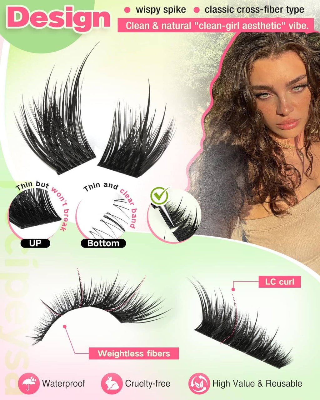 LC-curl cross-fiber lash set with lightweight black upper and lower clusters