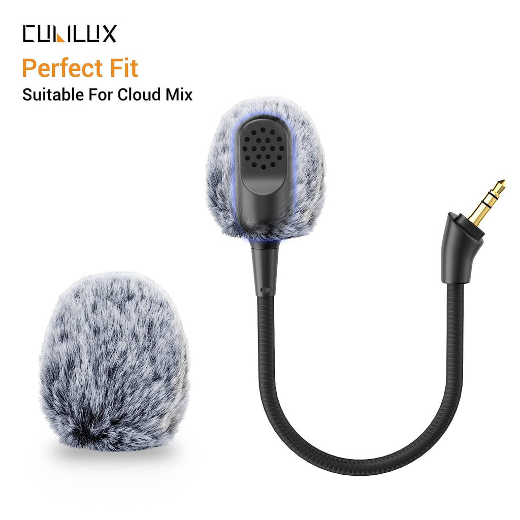Grey furry windscreen muff with black cable and 3.5mm audio plug