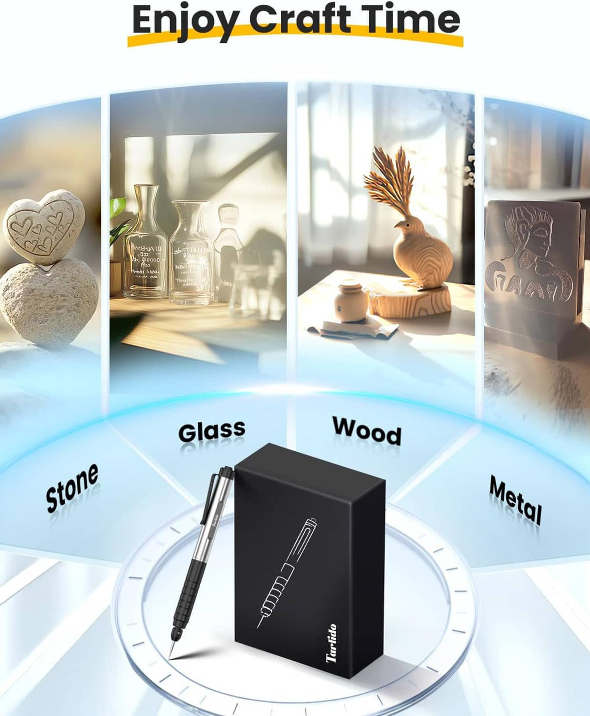 Cordless engraving pen in box, silver metal body with black grip and tip