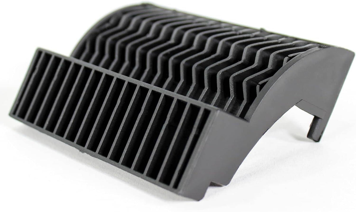 Black filter intake strainer with raised ridged grid and side mounting tabs