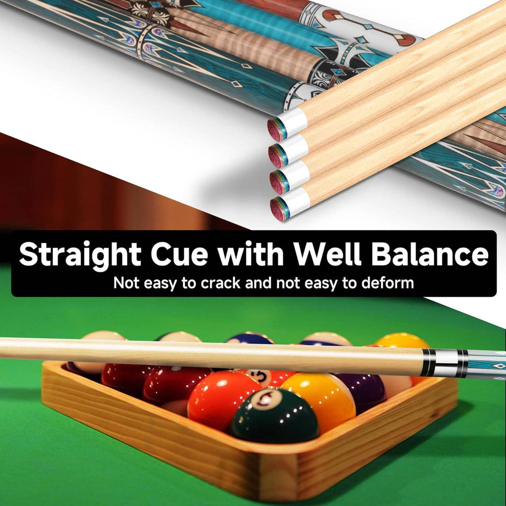 Pool cue tips stacked with multi-layer white tips and patterned blue shafts