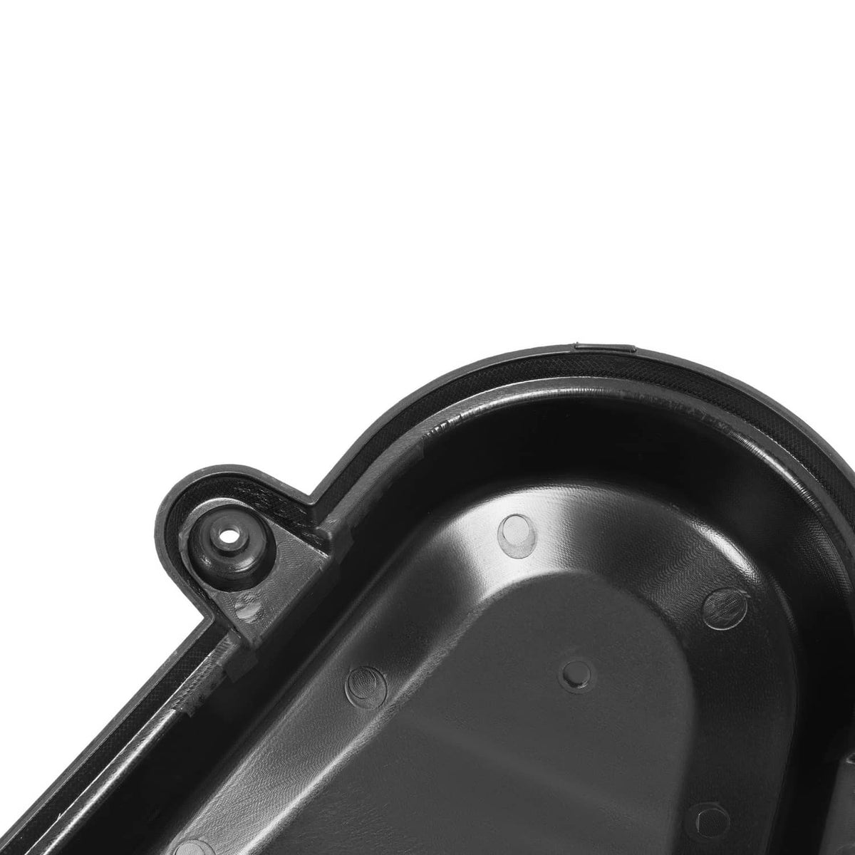 Left-side deck pulley cover underside with circular rim and mounting bracket holes