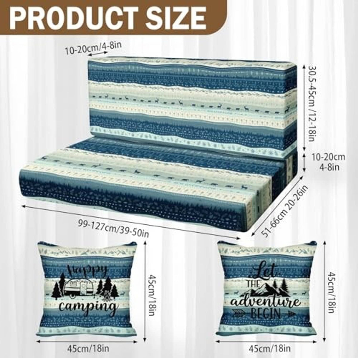 Blue striped RV dinette cushion cover set size diagram with camping pattern