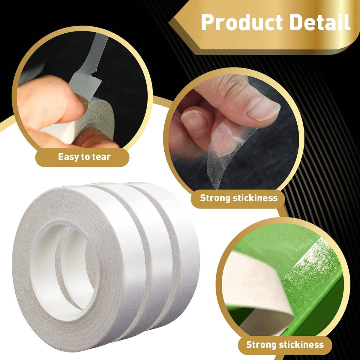 Double-sided tape roll with adhesive strip, plus close-up of tape edge