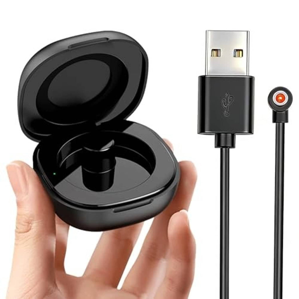Black smart ring charging case open, showing central magnetic charging post