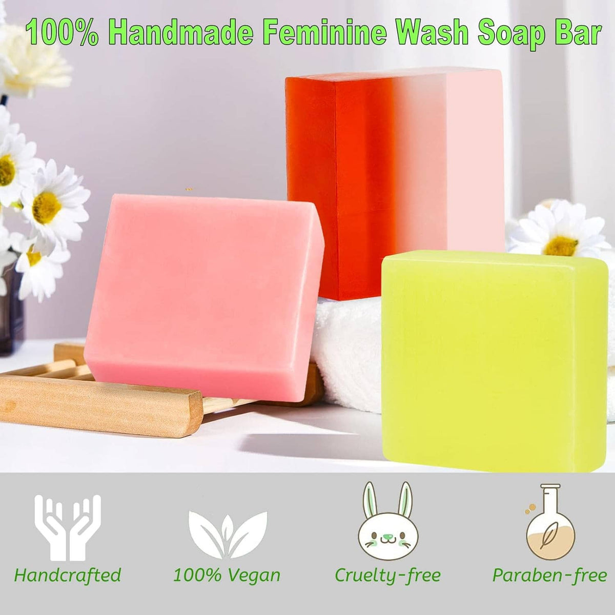 Handmade feminine wash soap bars in pink, orange, and bright yellow with flower accents