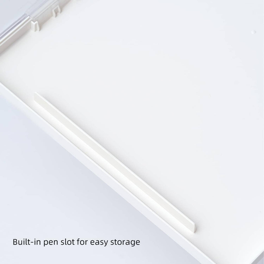 Built-in pen slot on white clipboard with inner plastic storage area