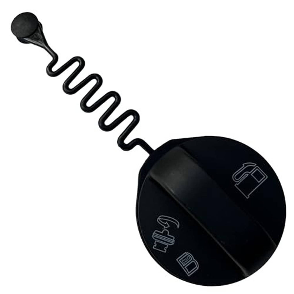 Fuel tank filler cap, dark round cap with tether spring and fuel icons on top